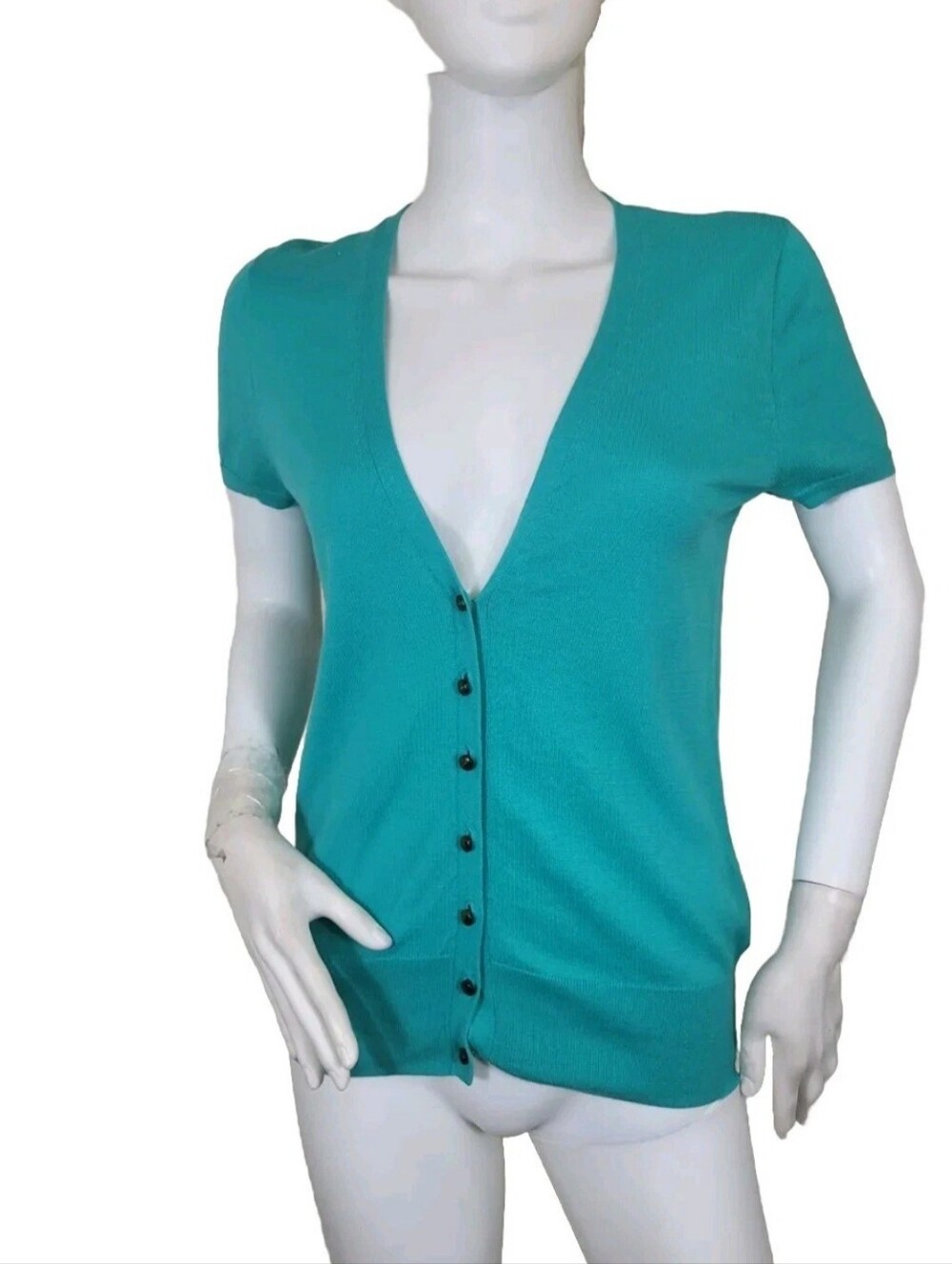 J Crew Factory Womens Size S Short Sleeve Cardigan  Sweater Green V-Neck  01